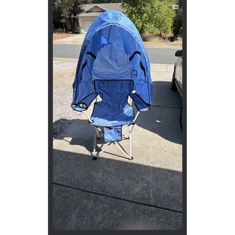 Blue Foldable Camping Chair w/ Canopy & Cup Holder, Metal Frame Polyester Seat
